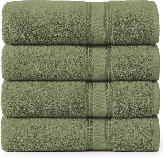 Lane Linen 100% Cotton 4 Pack Bath Towels (30"x60") - Zero Twist, Mercerized Cotton Bathroom Towel Set - Quick Dry, Extra Soft & Absorbent Large Bath Towels - Tumble Dry Regains Fluffiness - Oil Green