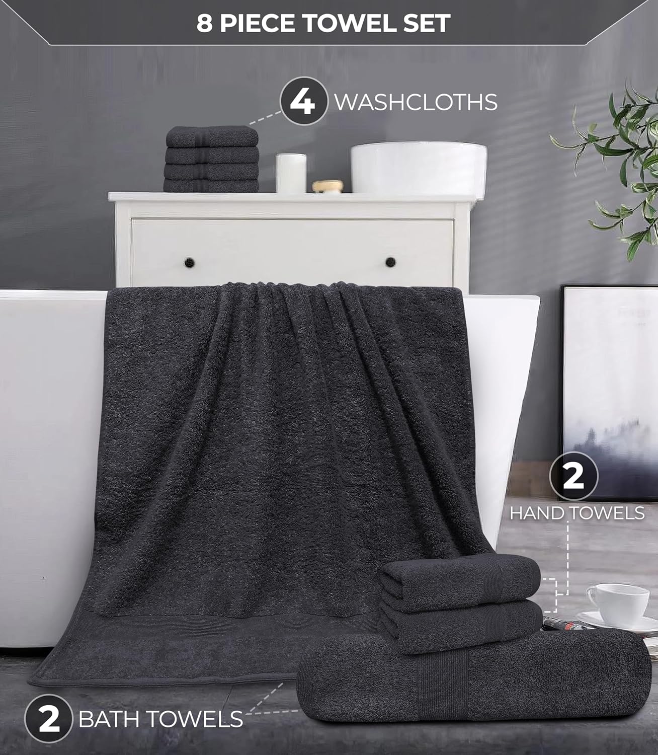 Softolle Luxury 8 Piece Towel Set, 2 Bath Towels 2 Hand Towels 4 Washcloths, 100% Cotton Towels for Bathroom, Home, Spa & Gym - Highly Absorbent Ultra Soft Quick-Dry (Grey)
