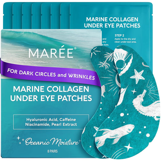 MAREE Hydrating Under Eye Patches for Puffy Eyes and Dark Circles – Marine Collagen & Caffeine Eye Patches – Brightening Eye Patche with Niacinamide – Depuffing Eye Mask for Dark Circles and Puffiness