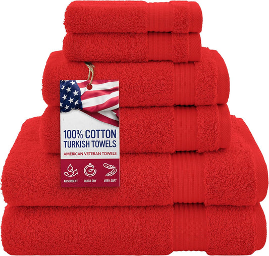 American Veteran Towel, 100% Cotton Turkish 6 Piece Towel Set, Luxury Towels Set of 6 for Bathroom Essentials, 2 Bath Towels 2 Hand Towels 2 Washcloths, Red