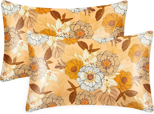 EXQ Home Satin Pillowcase for Hair and Skin Queen - Printed Autumn Flowers Silk Pillow Cases 2 Pack 20x30 inches - Satin Pillow Cases Set of 2 with Envelope Closure, Gifts for Women Men