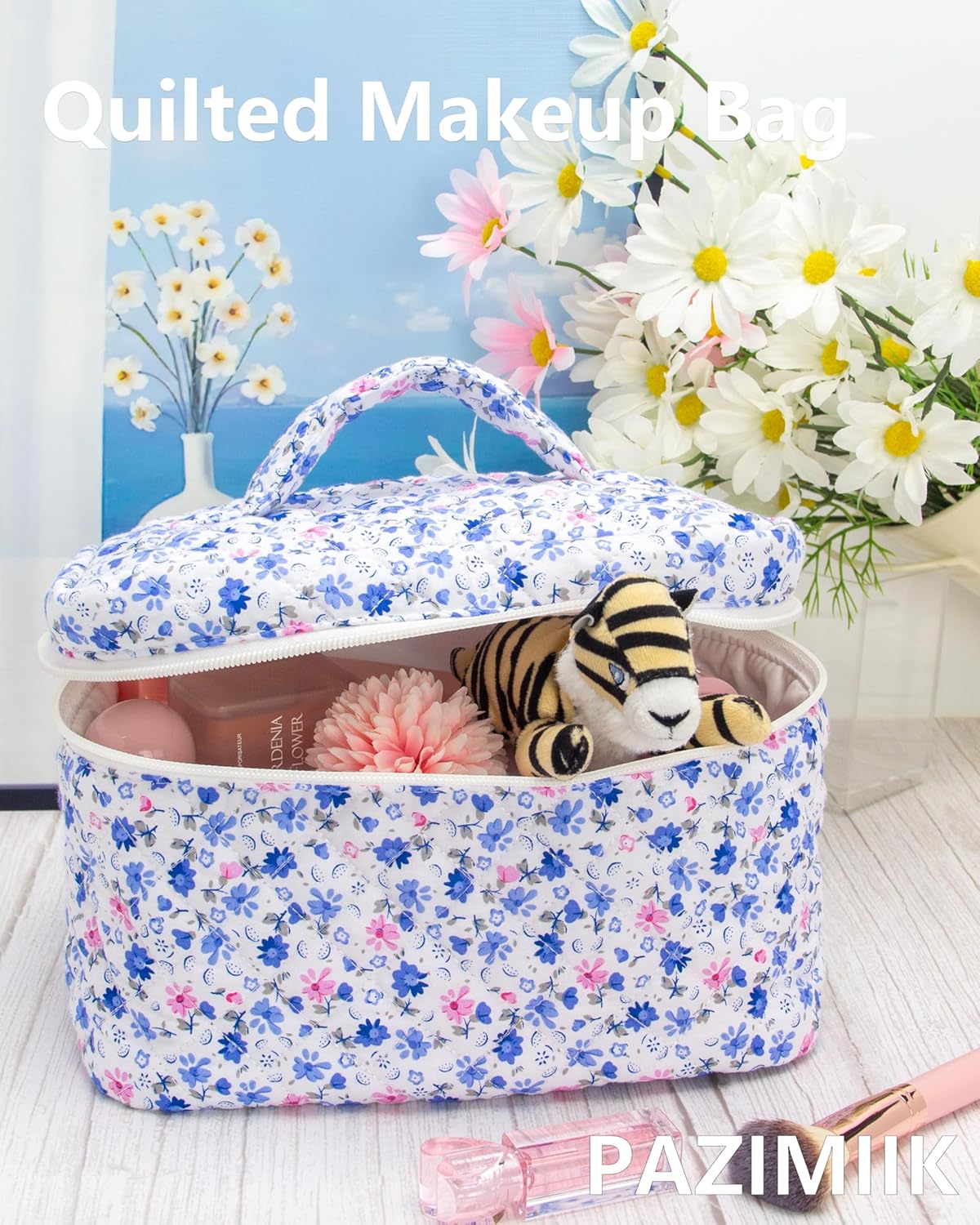 PAZIMIIK Quilted Makeup Bag Large Travel Zipper Soft Cosmetic Case for Women Girls Make Up,Floral Blue