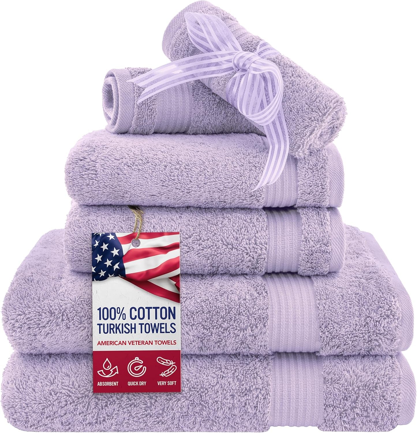 American Veteran Towel, 6 Piece Towel Set for Bathroom, 100% Cotton Turkish Bathroom Towels, 2 Bath Towels 2 Hand Towels 2 Washcloths, Lilac