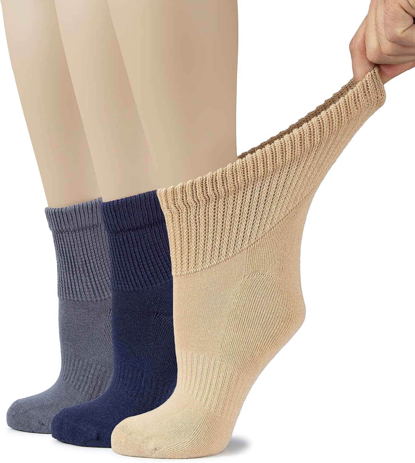 Hugh Ugoli Women's Cotton Diabetic Ankle Socks, Wide, Loose, Stretchy, Seamless Toe, Non Binding Top Semi Cushion, 3-6 Pairs