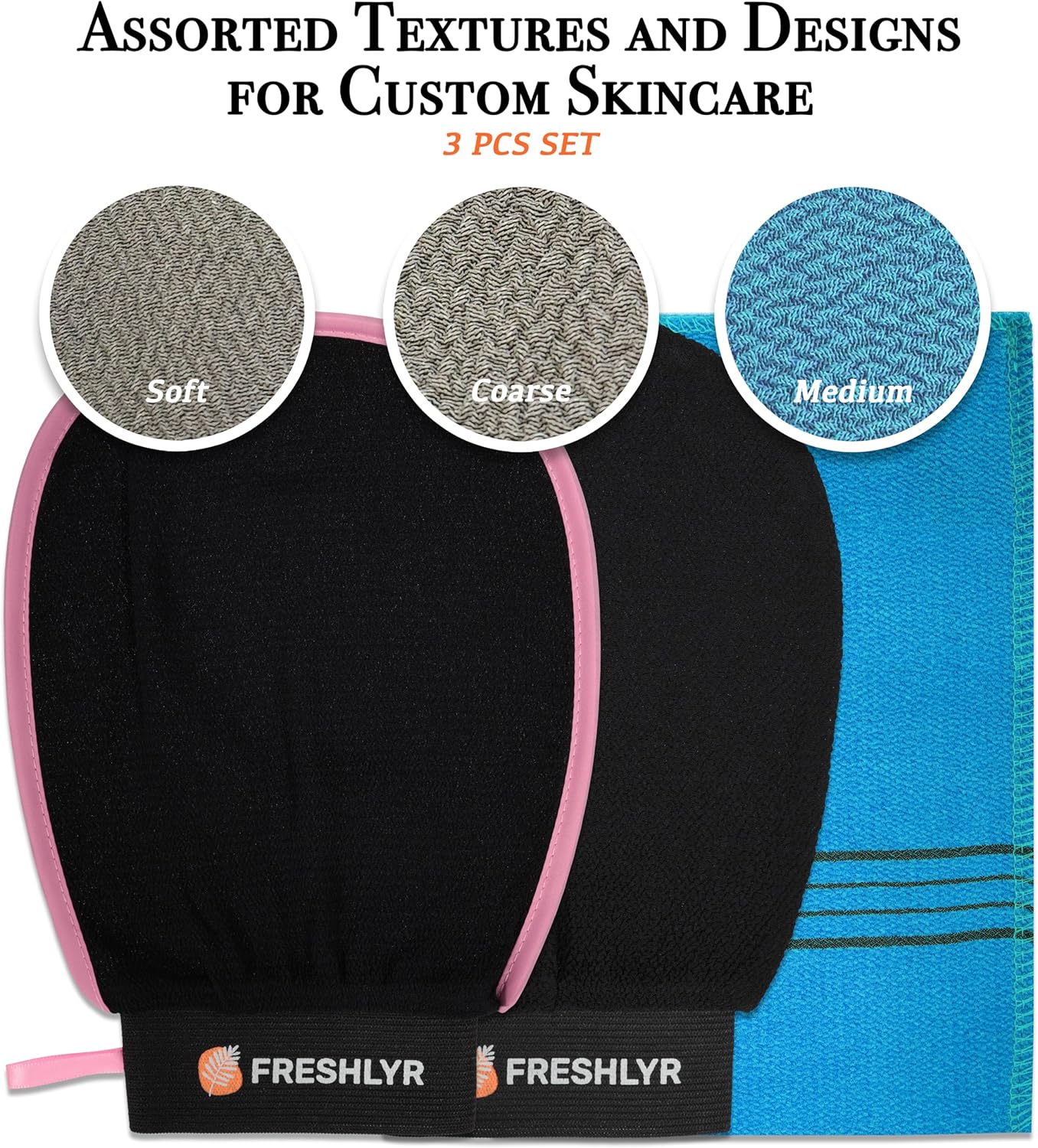Exfoliating Gloves (3 Pcs) – Korean Body Scrubber Mitt for Shower & Bath, Deep Cleansing & Dead Skin Remover, Multi-Texture Exfoliator for Smooth & Glowing Skin