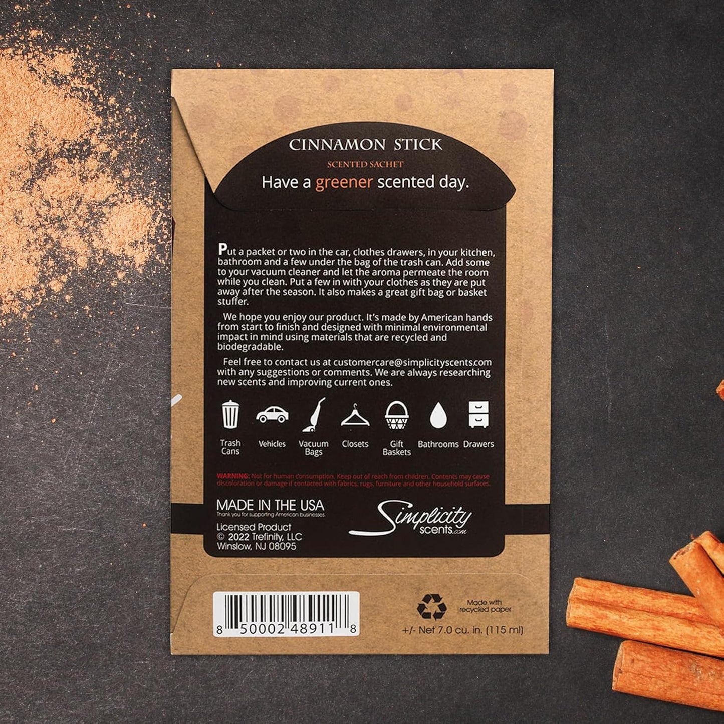 Simplicity Scents Cinnamon Stick Scented Sachets Pack of 6, Fall & Winter - Long-Lasting Scented Bags, Home Fragrance, Air Freshener & Deodorizer for Closet, Room, Drawer, or Cars, Made in The USA