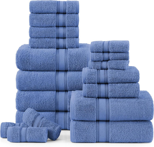 LANE LINEN 100% Cotton Luxury Bath Towel Set - 18 Pieces - Zero Twist, Quick Dry, Super Soft & Highly Absorbent - 6 Bath, 6 Washcloths, 6 Hand Towels for Bathroom - Pre Shrunk - Cerulean Blue