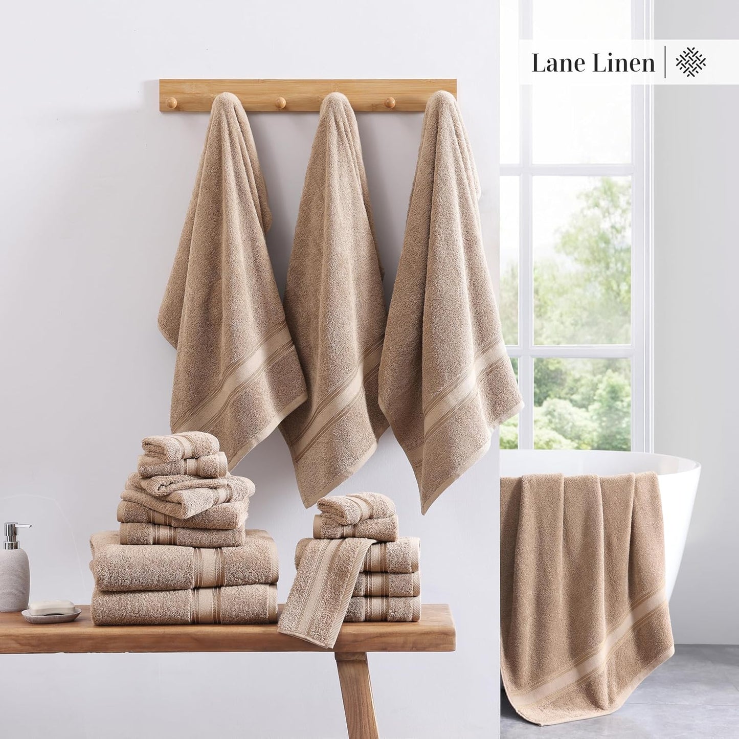 LANE LINEN 100% Cotton 18 Piece Bath Towel Set - Zero Twist, Quick Dry, Highly Soft & Absorbent - 6 Bath, 6 Washcloths, 6 Hand Towels - Oeko Tex Certified Hotel Quality Bathroom Towel Set - Taupe
