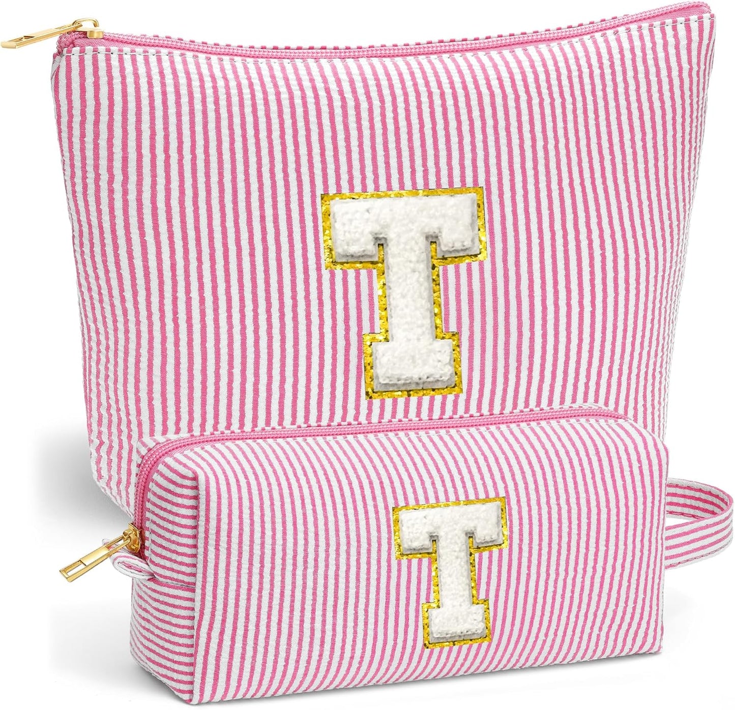 Initial Makeup Bag for Women - Travel Pouch, Portable Cosmetic Bag Make up Kit Pouch | Travel Essentials Cute Makeup Bag Birthday Gifts for Women, Pink Letter T