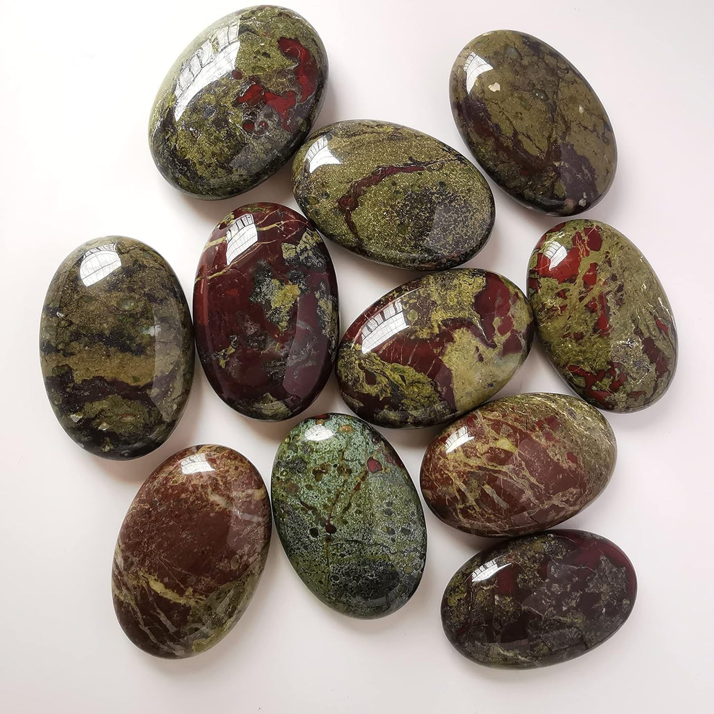 Natural Dragon Bloodstone Oval Polished Worry Stones, Healing Crystal Indoor Fountain Stones Massage Energy Anxiety Relief Items