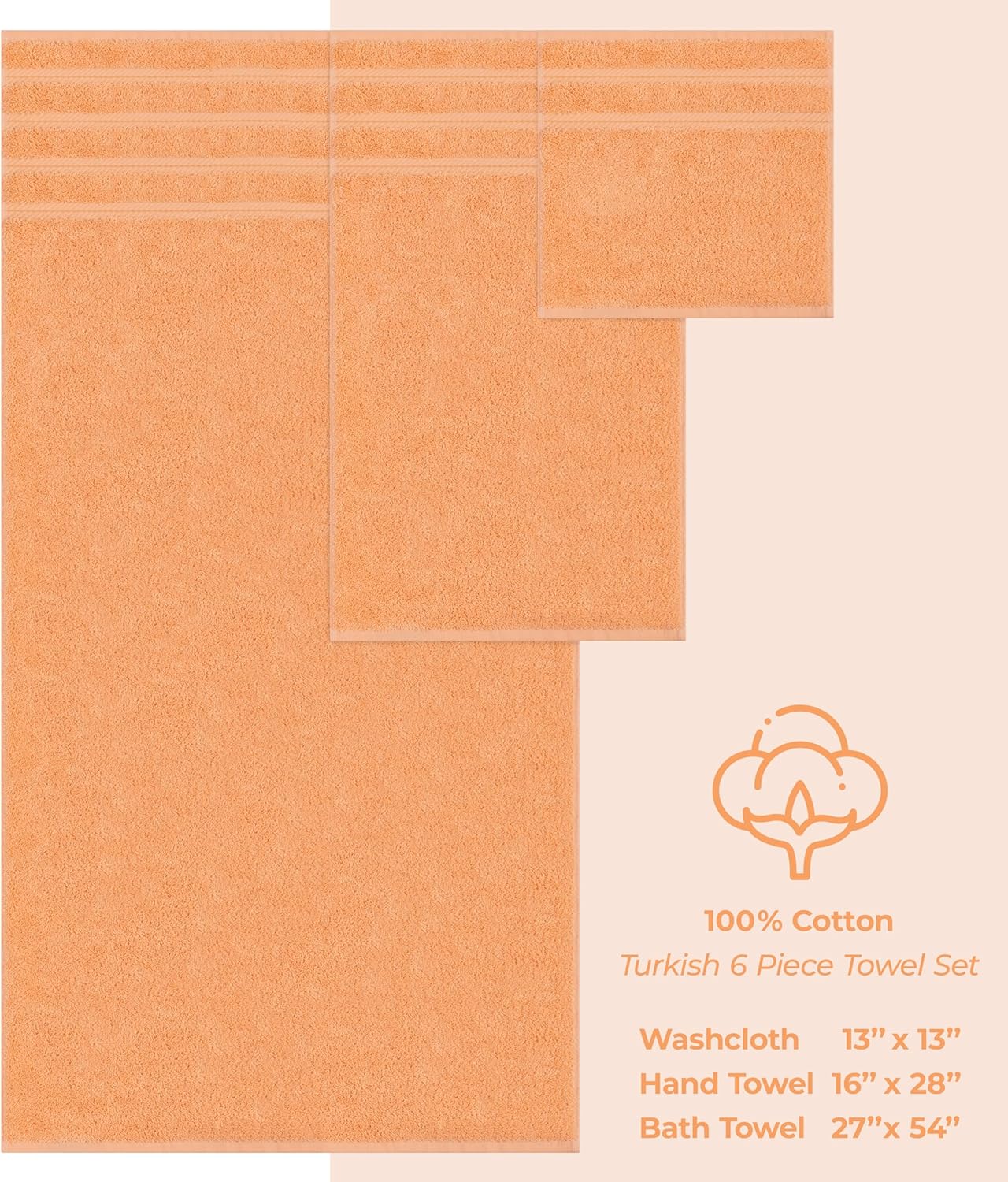 American Soft Linen Luxury 6 Piece Towel Set, 2 Bath Towels 2 Hand Towel 2 Washcloths, 600 GSM 100% Cotton Turkish Towels for Bathroom, Malibu Peach Towel Sets