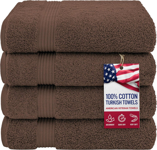 American Veteran Towel, 100% Cotton Turkish Bath Towels for Bathroom 4 Pack, 27x54 Extra Large Premium Soft Drying Bathroom Towels, Brown