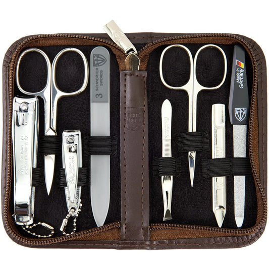 3 Swords Germany - brand quality 8 piece manicure pedicure grooming kit set for professional finger & toe nail care genuine leather case in gift box, Made in Germany