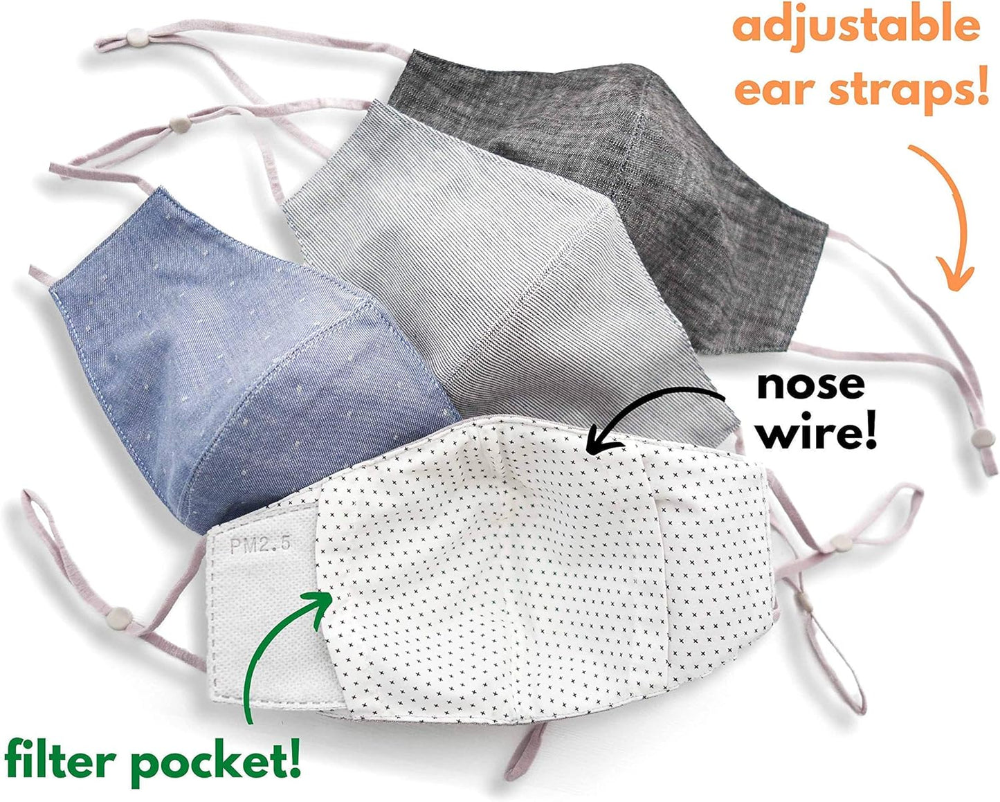 HOPE LOVE SHINE Face Mask Adjustable Filter Pocket Reusable Breathable Washable Cloth Mask Face Masks for Women Men - 4 Pack