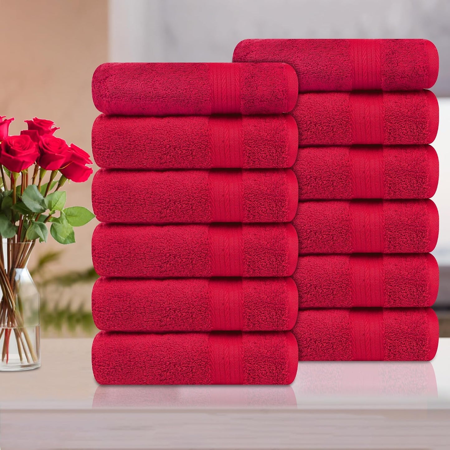 Ample Decor Hand Towel 18 X 28 Inch Pack of 12 600 GSM 100% Cotton, Soft Absorbent Thick Durable Premium Quality, for Hotel, Bathroom, Spa, Daily Use, Gym - Red