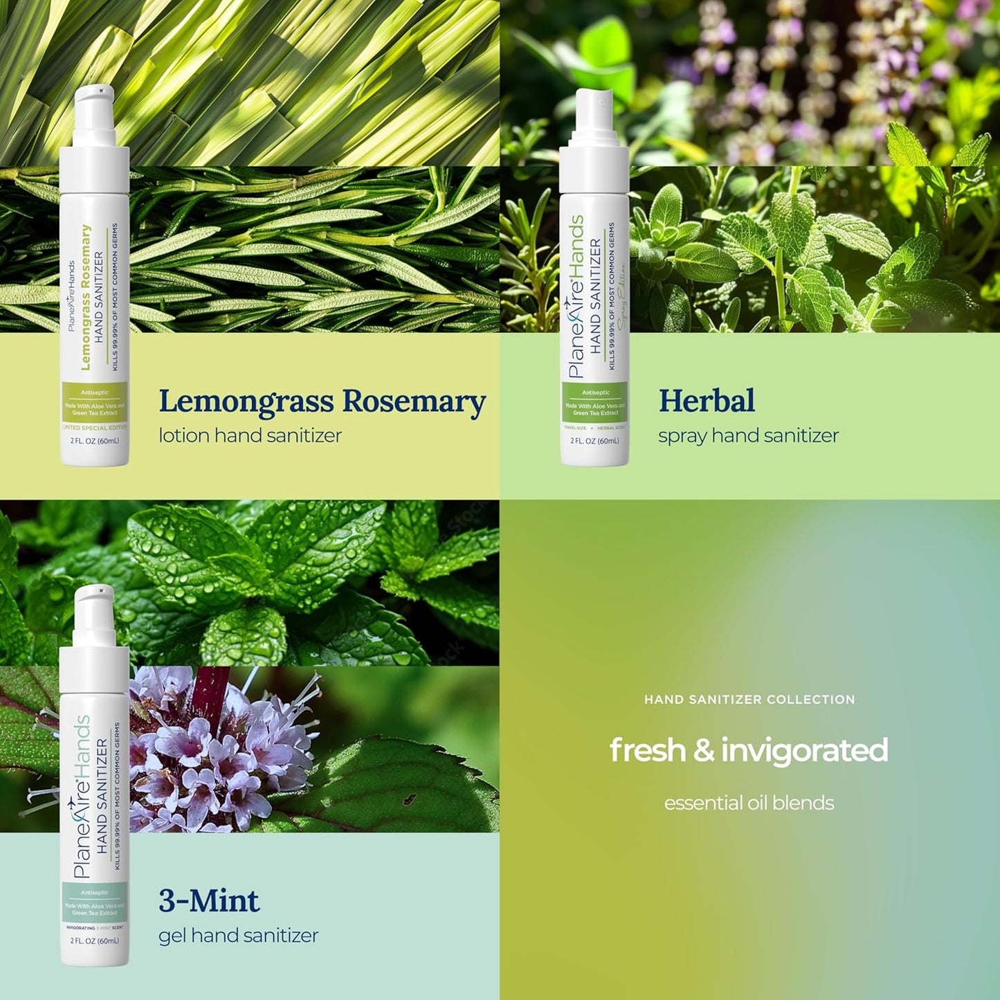 Fresh & Invigorated Variety 3pk Hand Sanitizer | Lemongrass Rosemary Lotion, 3-Mint Gel, Herbal Spray | Travel Size | Made with Aloe Vera & Essential Oils | Rich in Vitamin E | Hydrate & Cleanse