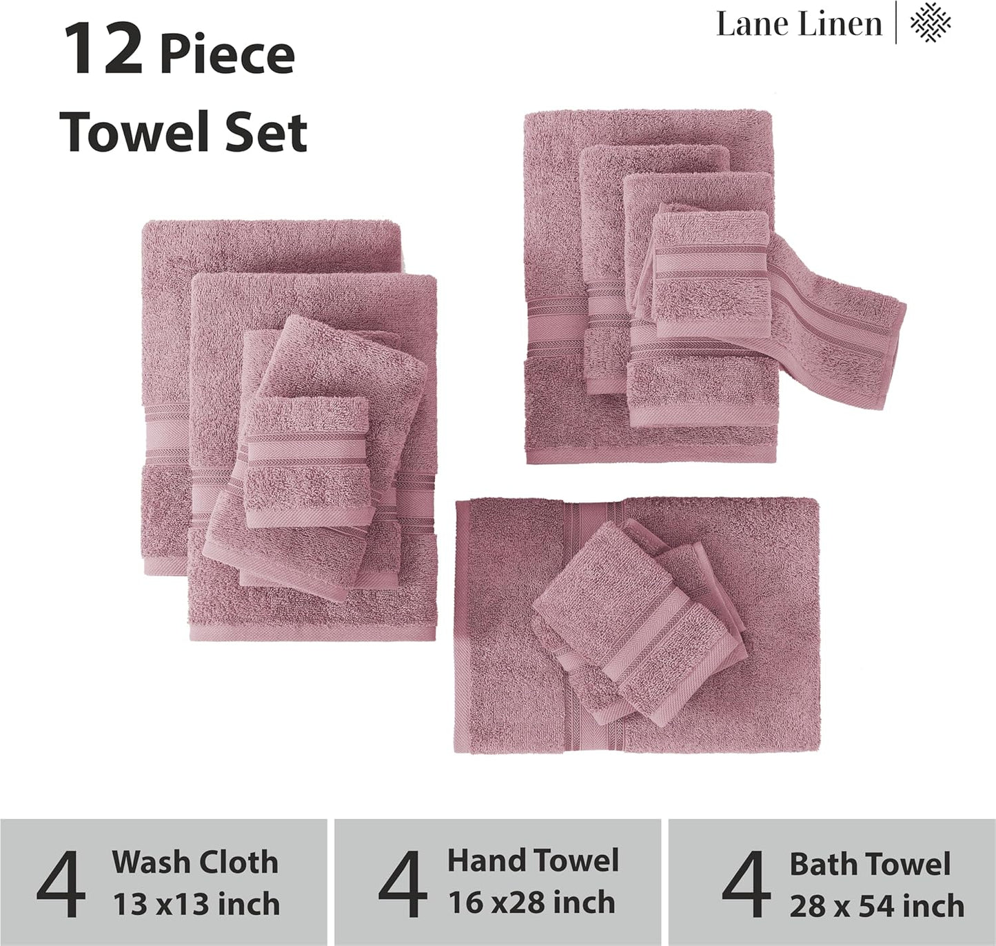 LANE LINEN Luxury Bath Towels Set - 12 Piece Set, 100% Cotton Bathroom Towels, Zero Twist, Quick Dry Shower Towel, Absorbent Bath Towel, 4 Bath Towels, 4 Hand Towels, 4 Wash Cloths - Wishful Mauve