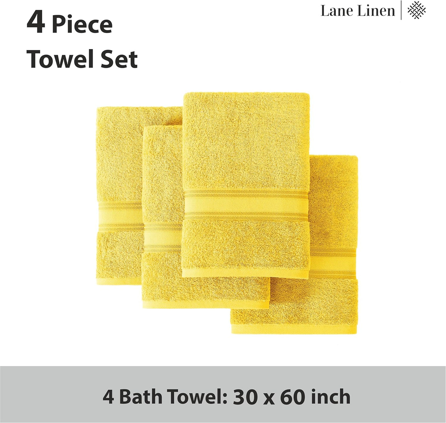 LANE LINEN 100% Cotton Bath Towels Pack of 4 (30"x60") - Zero Twist, Mercerized Cotton Bathroom Towel Set - Quick Dry, Extra Soft & Absorbent Yellow Bath Towels - Suitable for All Skin Types - Mimosa