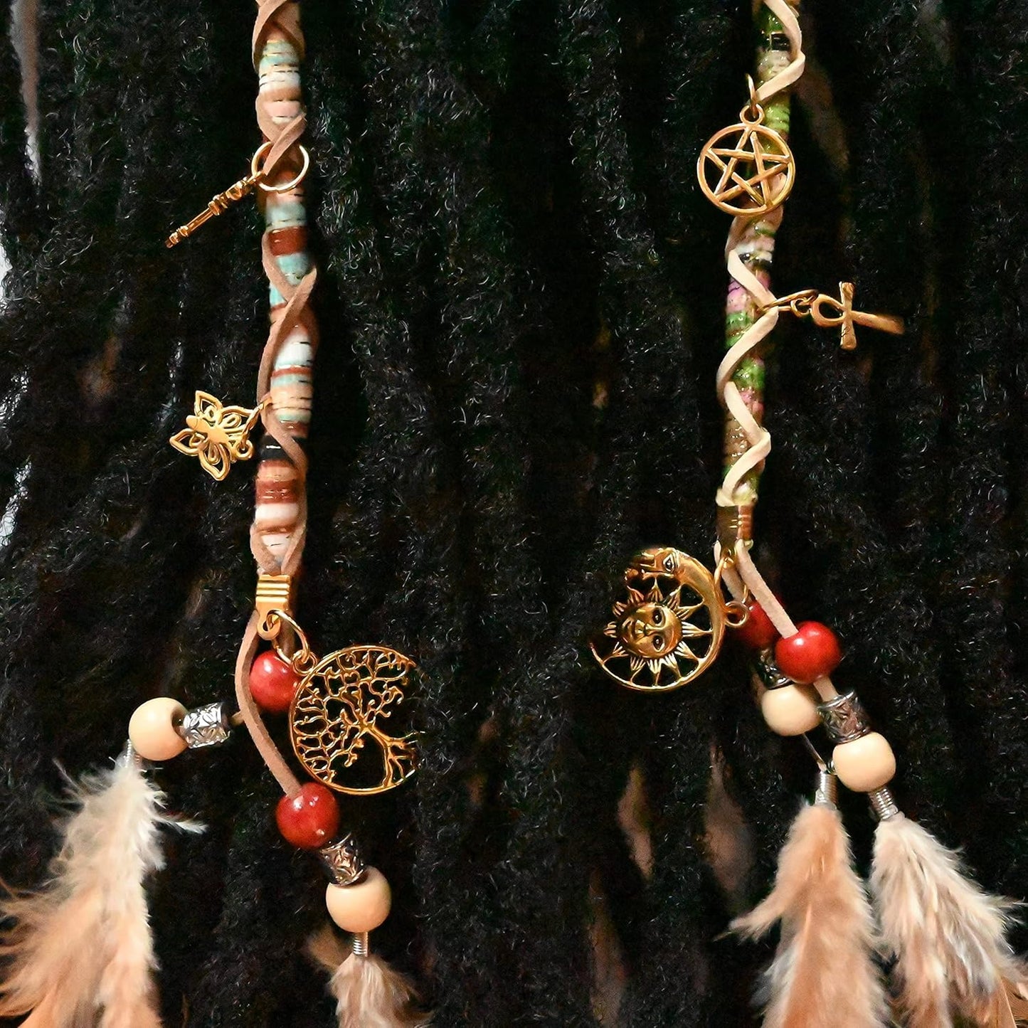 2 PCS Hippie Hair Extension Dreadlocks Hairclip Feather Beads Pendant Dread Wrap Hair Fall Hair Wrap Colorful Accessories for Dreads Braids Curls