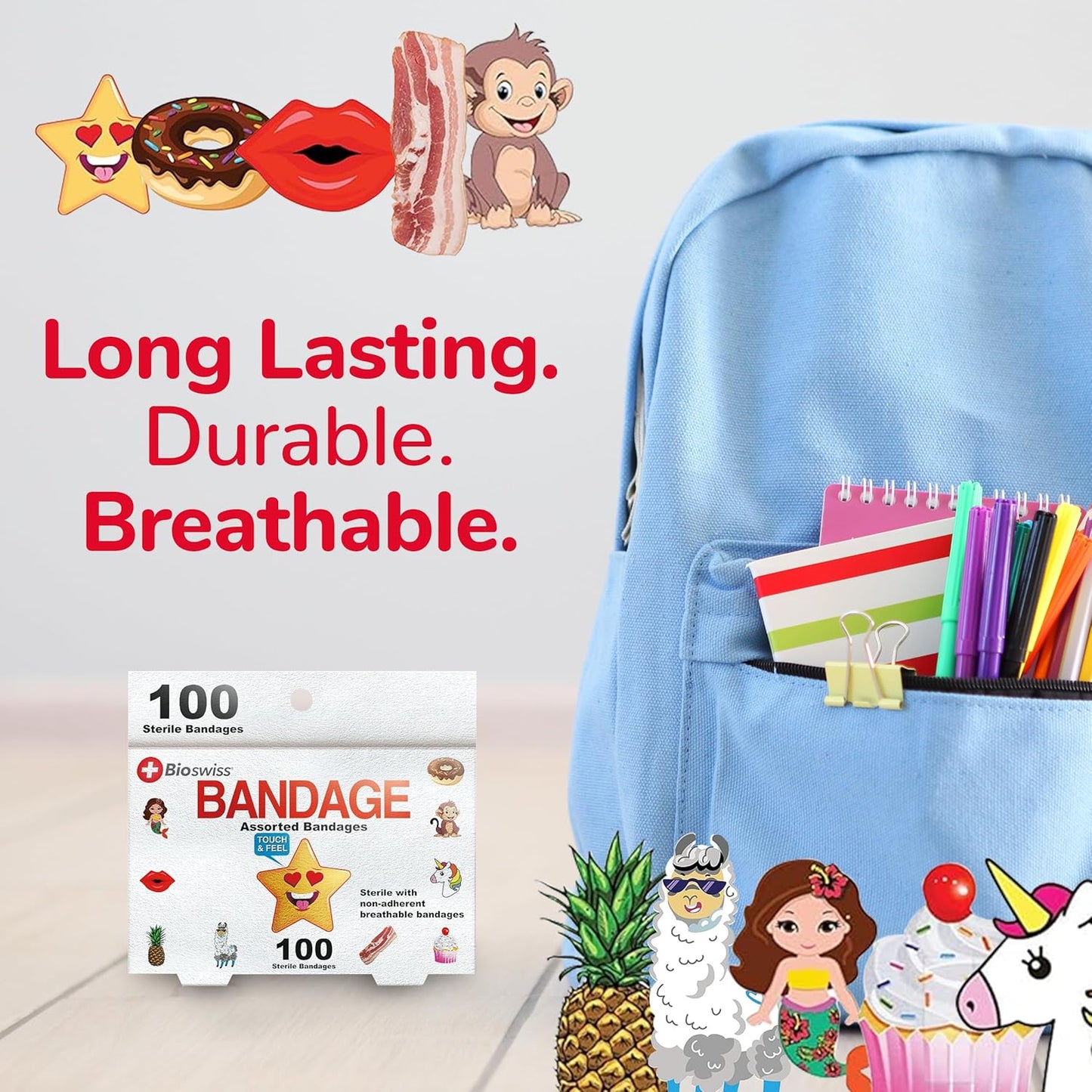 BioSwiss Kids Bandages, Assorted Animal, Fun, and Food Shaped Self Adhesive Bandage Set, Latex Free, Sterile Wound Care, 100 Count
