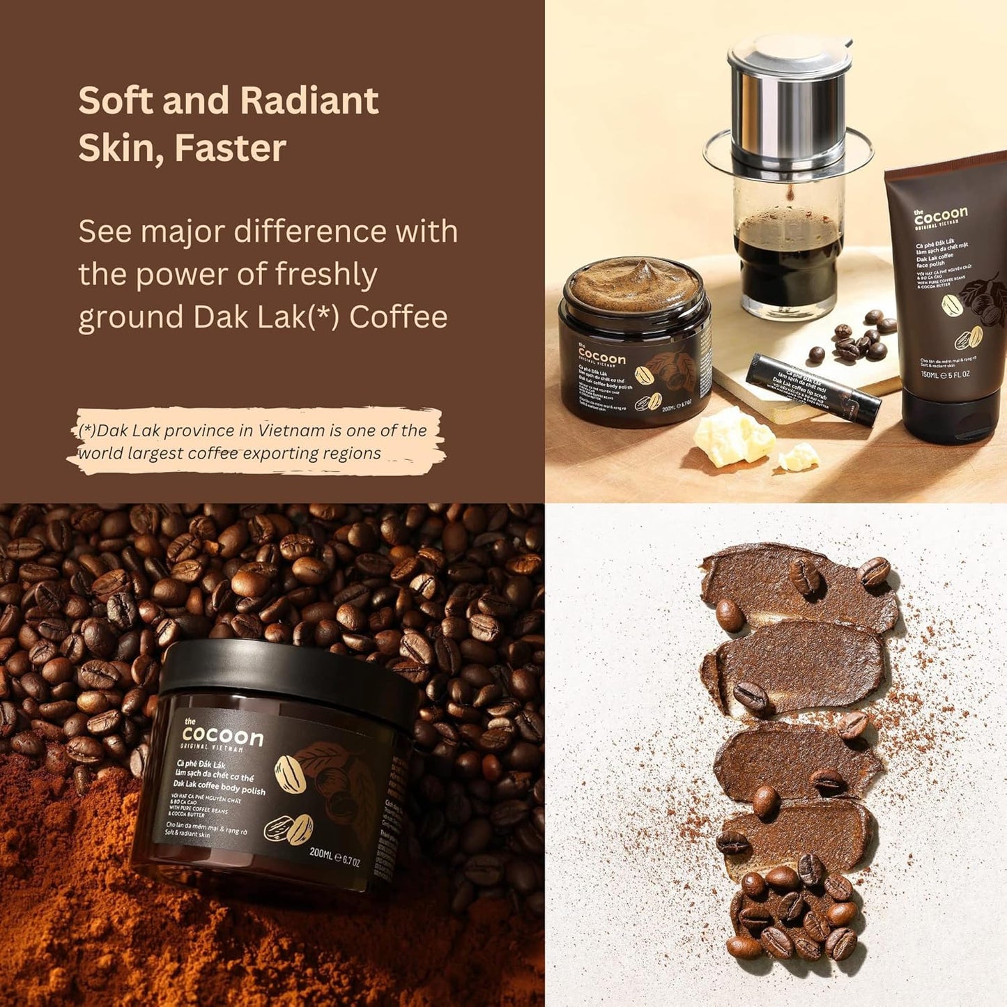 Cocoon Dak Lak Coffee Body Polish with Refill Bag. 100% Vegan Exfoliating Scrub for Smooth & Glowing Skins | Reduce Stretch Marks, Acne & Cellulite | Gift for Coffee Lovers (27 fl oz)
