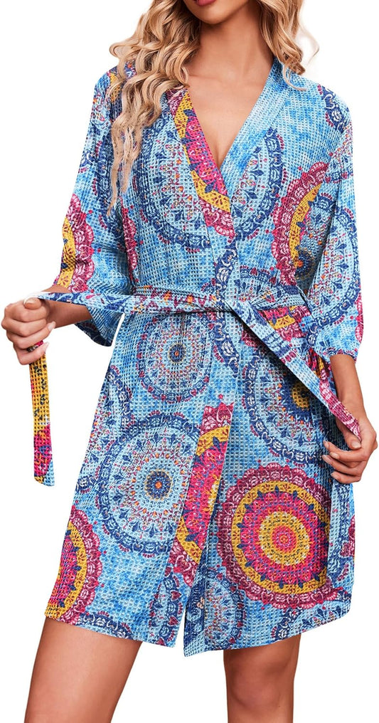 Ekouaer Robes for Women Waffle Knit Bathrobe Soft Lightweight Knee Length Loungewear S-XXL