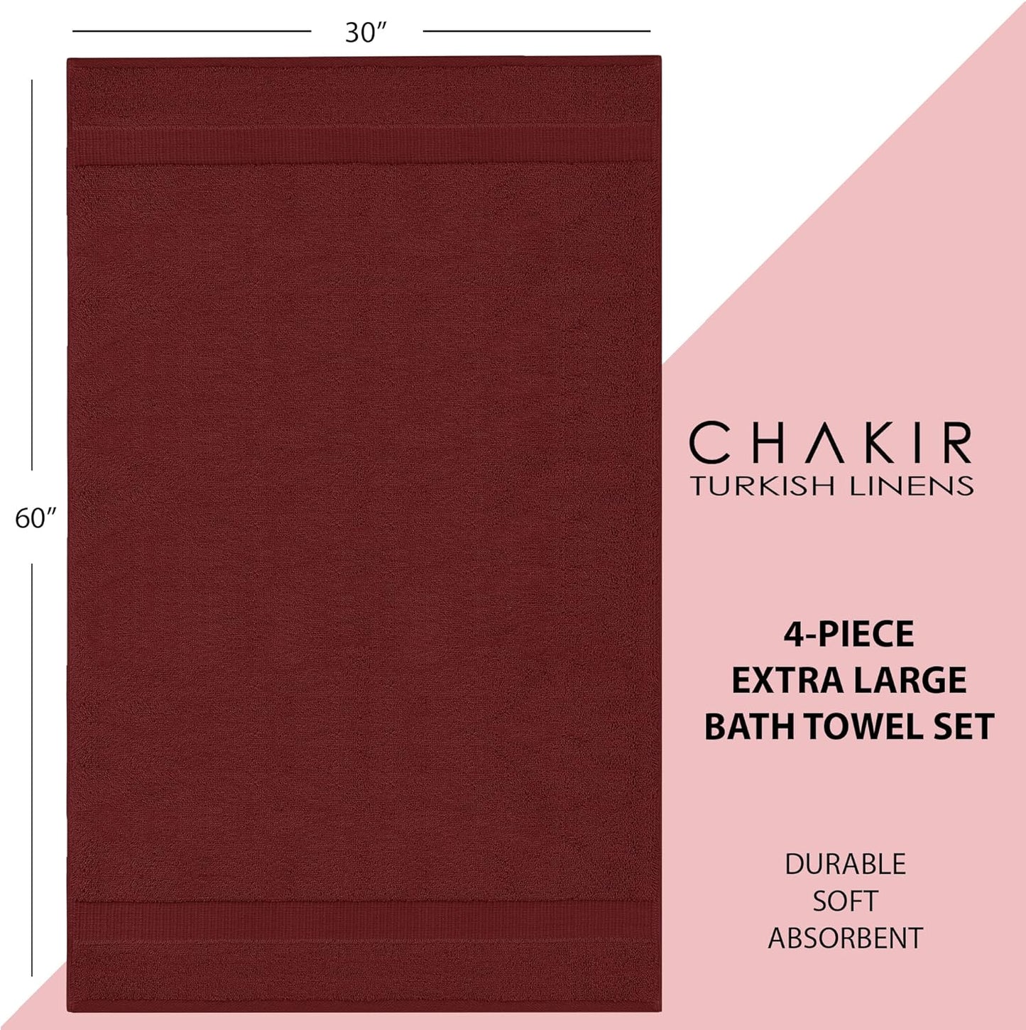 Chakir Turkish Linens | Hotel & Spa Quality 100% Cotton Luxury Turkish Towels | Soft & Absorbent (30x60 Inches Extra Large Bath Towels, Set of 4 - Cranberry)