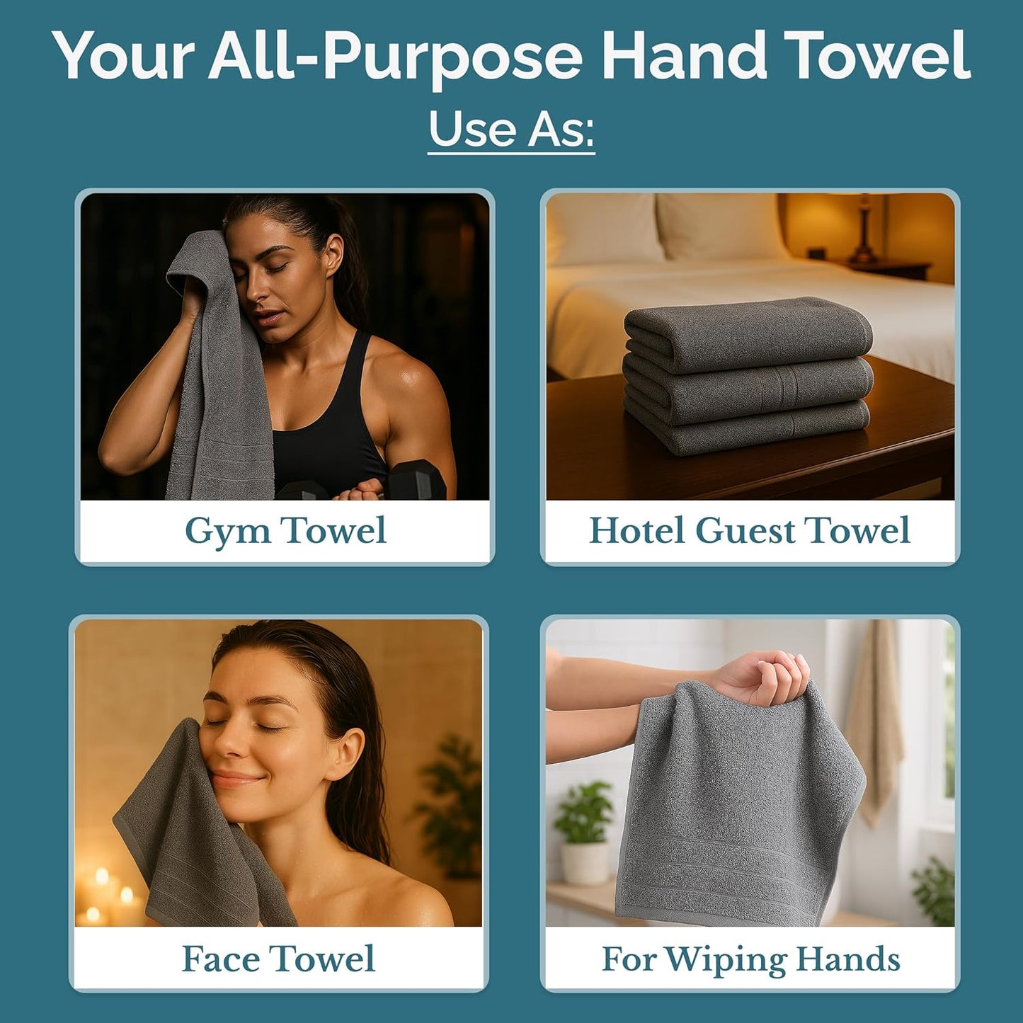 Casa Platino 100% Mercerized Cotton Hand Towels for Bathroom (16"x28") - Spa & Hotel Quality - Ring Spun - Quick Dry, Soft & Absorbent Bath Hand Towel Set of 4 - Pet Friendly, Pre Shrunk - Cool Grey