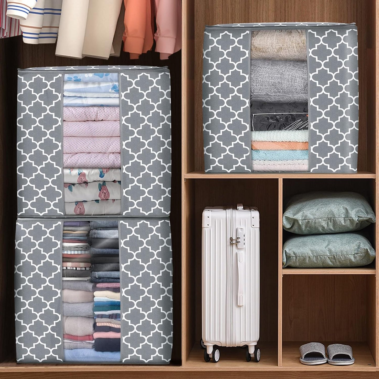 WISELIFE Storage Bags [3 Pack/100L] Large Blanket Clothes Organization and Storage Containers for Comforters,Bedding, Foldable Organizer with Reinforced Handle, Clear Window, Sturdy Zippers,Light Gray