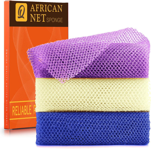 UJFQBH 3 Pieces African Bath Sponge African Net Long Net Bath Sponge Exfoliating Shower Body Scrubber Back Scrubber Skin Smoother,Great for Daily Use (Purple,Blue,Off-White)