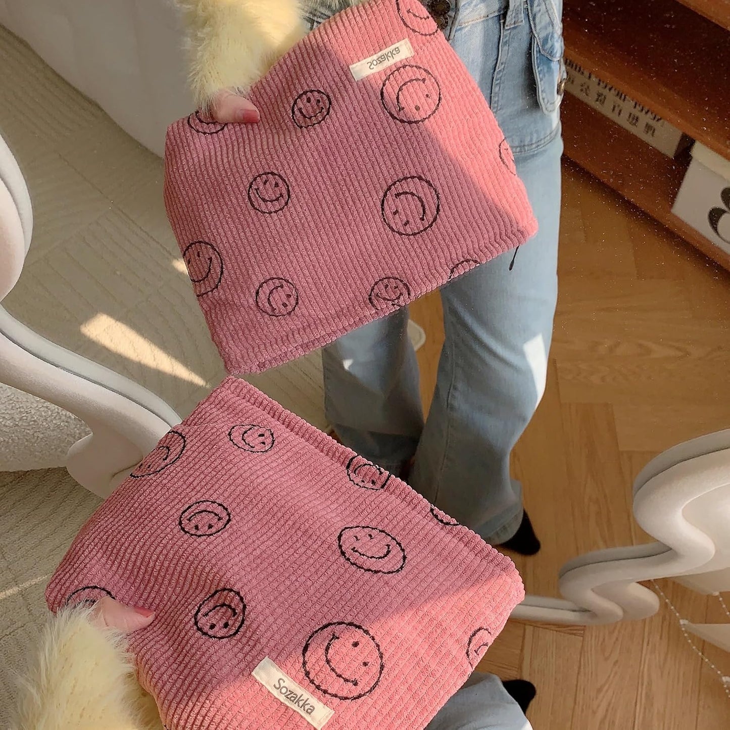 Cosmetic Bags for Women - Corduroy Cosmetic Bag Aesthetic Women Handbags Purses Smile Dots Makeup Organizer Storage Makeup Bag Girls Case Bags (A-Pink)