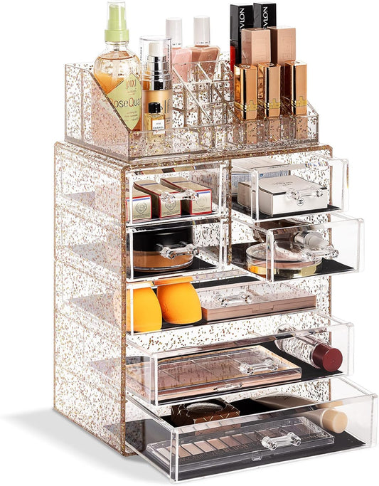 Sorbus Clear Cosmetic Makeup Organizer - Make Up & Jewelry Storage, Case & Display - Spacious Design - Great Holder for Dresser, Bathroom, Vanity & Countertop (3 Large, 4 Small Drawers) [Glitter]