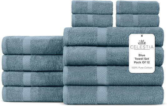 100% Cotton Bath Towel Set of 12-4 Bath Towels, 4 Hand Towels, 4 Wash Cloths, Sustainable, Soft, Highly Absorbent, Combed Cotton 12 Piece Set for Hotels, Spa, Bathroom, Dorm, Blue
