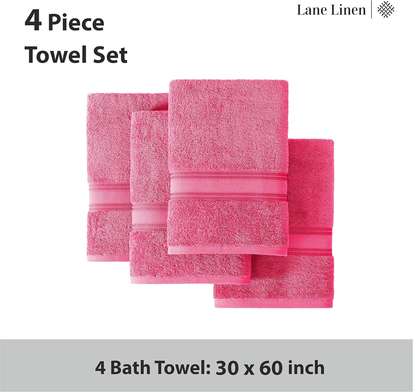 LANE LINEN 100% Cotton Large Bath Towels Set of 4 (30"x60") - Zero Twist, Mercerized Cotton Bathroom Towel 4 Pack - Quick Dry, Soft & Absorbent Large Towels Set - Dorm Essentials for Girls - Fuchsia