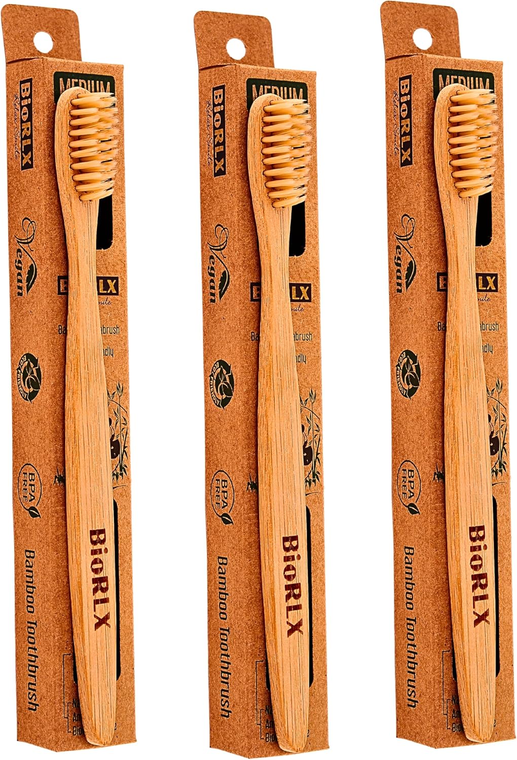 BioRLX Bamboo Toothbrush - Biodegradable Wooden Toothbrushes, Natural BPA Free - Wooden Toothbrush, Eco-Friendly - Compostable and Durable (Three Pieces, Medium)