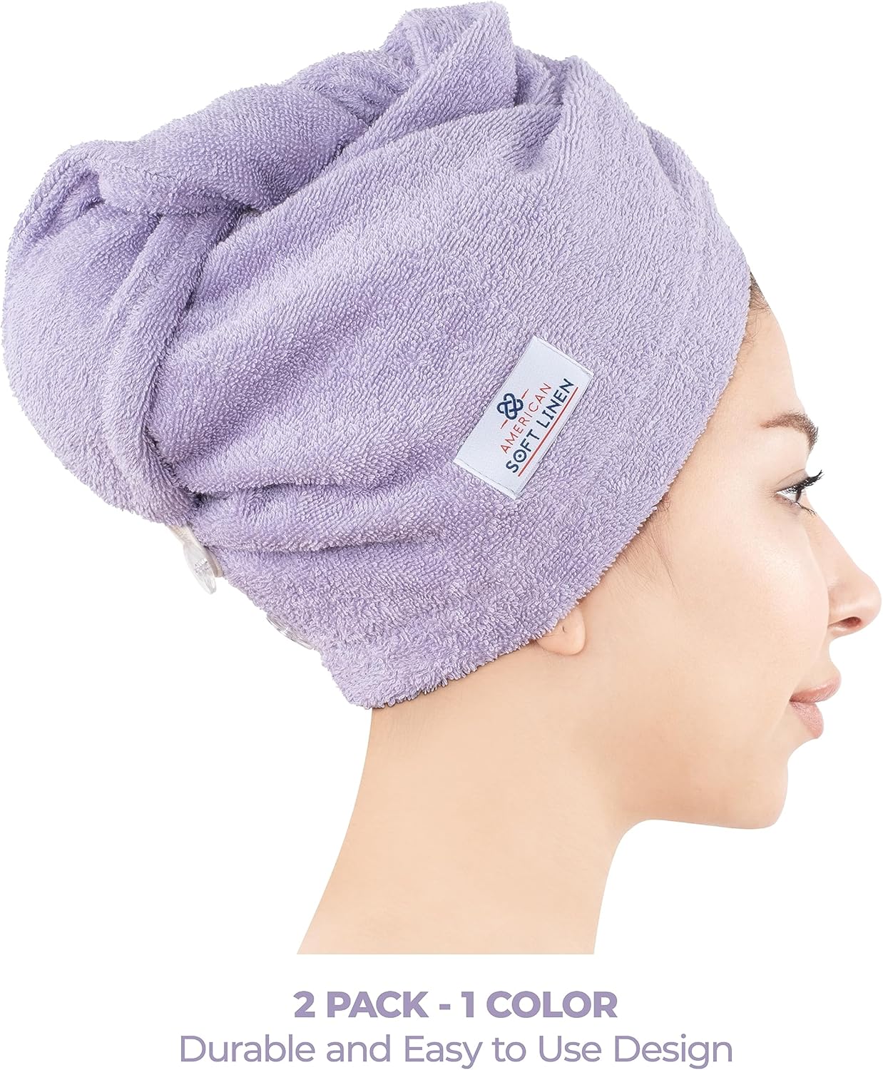 American Soft Linen 100% Cotton Hair Towels for Women, Head Towel Cap, Cotton Hair Turban Towel Wrap for Long Curly Anti Frizz Hair, Soft and Absorbent Cotton Hair Towels 2 Pack, Lilac
