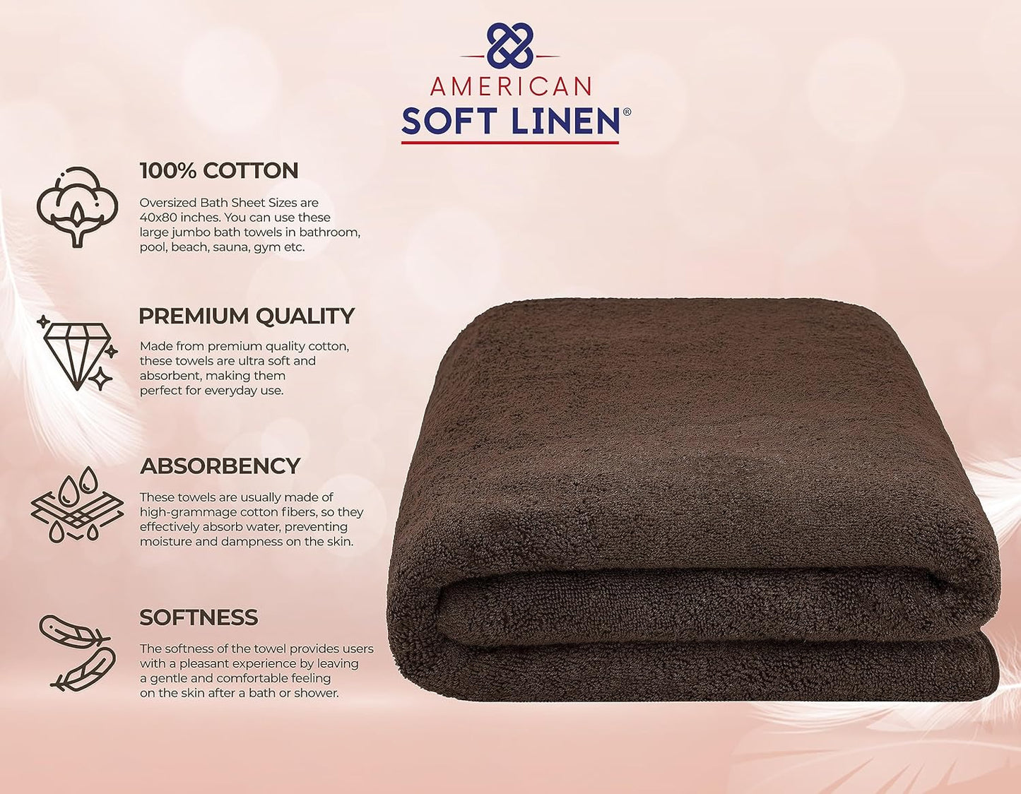 American Soft Linen Oversized Bath Sheet 40x80 Extra Large for Bathroom, 600 GSM 100% Cotton Turkish Jumbo Bathsheet Towels for Adults, Brown Bath Sheet