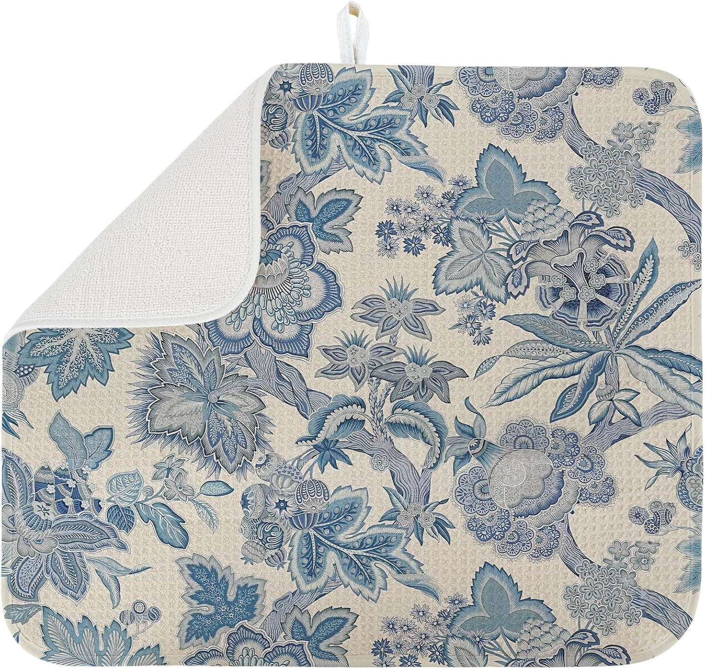 Dish Drying Mat for Kitchen Counter Large 18" x 24" Retro Blue Flower Absorbent Microfiber Dishes Drainer Rack Mats Pad Reusable Washable