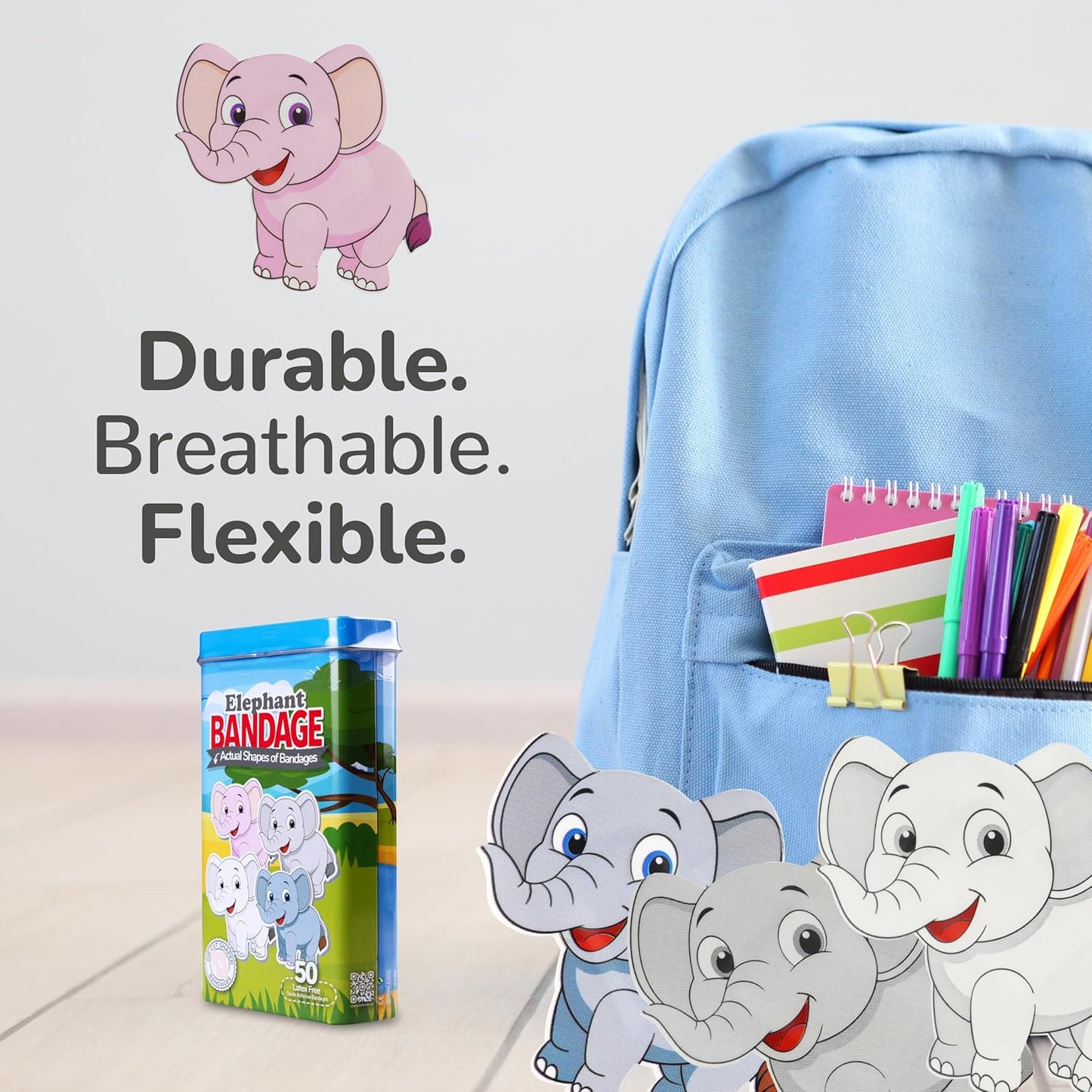 BioSwiss Kids Bandages, Elephant Shaped Self Adhesive Bandage, Latex Free, Sterile Wound Care, 50 Count