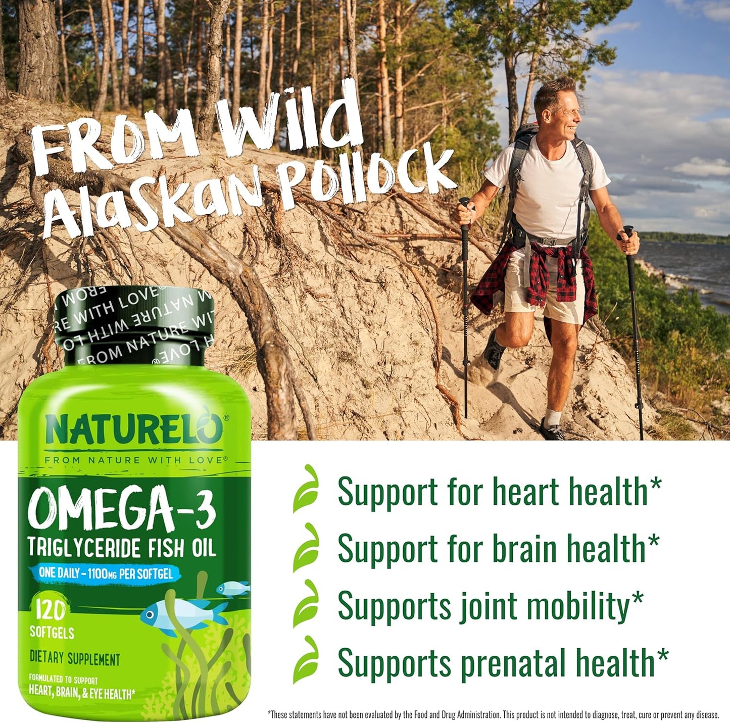 NATURELO Burpless Omega 3 Fish Oil Supplement - 1100mg Triglyceride Omega-3, EPA + DHA, Liquid Fish Oil for Heart, Eye, Brain, Joint Health - 120 Softgels, 4 Months Supply