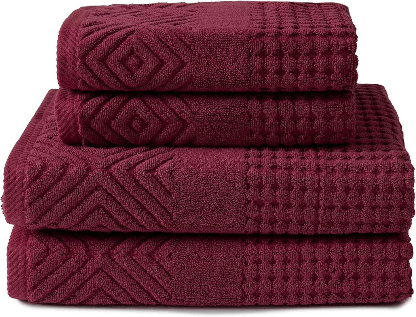 Texere 100% Organic Cotton Diamond Jacquard 700 GSM Luxury Bath Towel Sets - Ultra Soft and Absorbent Hotel and Spa Quality (Diamond, Merlot, 2 Bath & 2 Hand Towels)