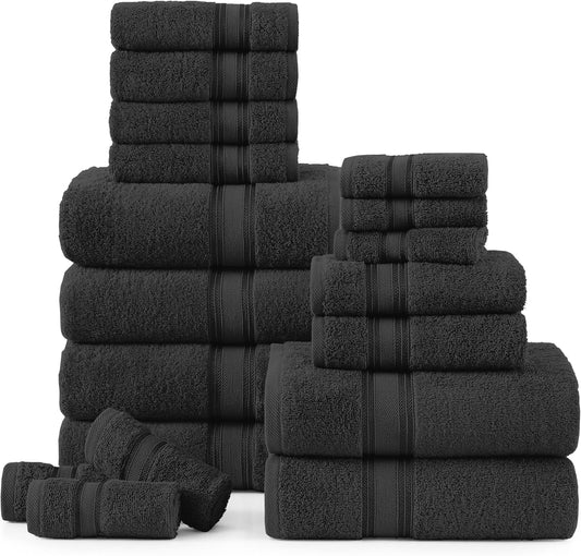 LANE LINEN Luxury Bath Towels Set- 100% Cotton Bathroom Towels, Zero Twist, Quick Dry Shower Towel, Extra Aborbent Super Soft, 6 Bath Towel, 6 Hand Towels, 6 Wash Cloths - Black (18 PC)