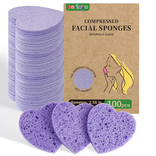 100-Count Compressed Facial Sponges, Heart Shape Face Sponge for Cleansing, Natural Cosmetic Spa Sponges for Facial Cleansing, Exfoliating Mask (Purple Heart Sponges)