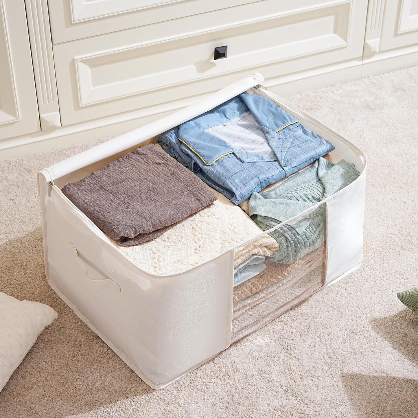 TYEERS Large Storage Bags with Zipper and Clear Window, Cotton Blended Fabric Storage Containers for Seasonal Clothes and Bedding, 23.6x15.7x13.8 Inches, 8-Pack, Beige