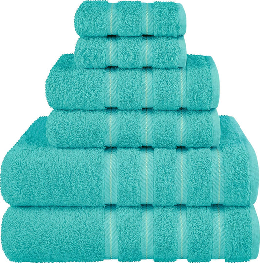 American Soft Linen Luxury 6 Piece Towel Set, 2 Bath Towels 2 Hand Towel 2 Washcloths, 600 GSM 100% Cotton Turkish Towels for Bathroom, Turquoise Blue Towel Sets