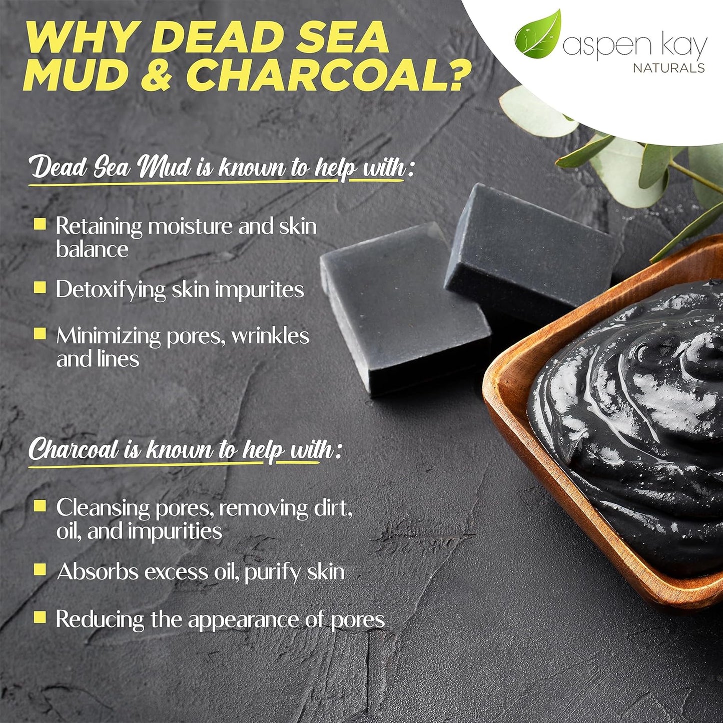 Aspen Kay Naturals Handmade Dead Sea Mud Soap Bar, Activated Charcoal & Pure Essential Oils, 4.5 oz Bar
