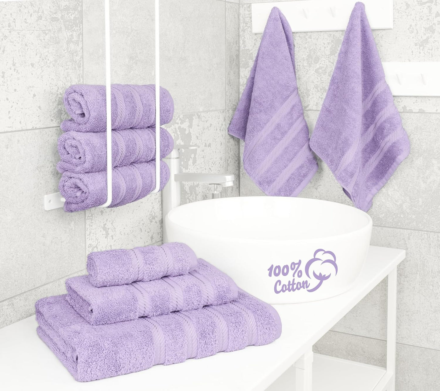 American Soft Linen Luxury 6 Piece Towel Set, 2 Bath Towels 2 Hand Towel 2 Washcloths, 600 GSM 100% Cotton Turkish Towels for Bathroom, Lilac Towel Sets