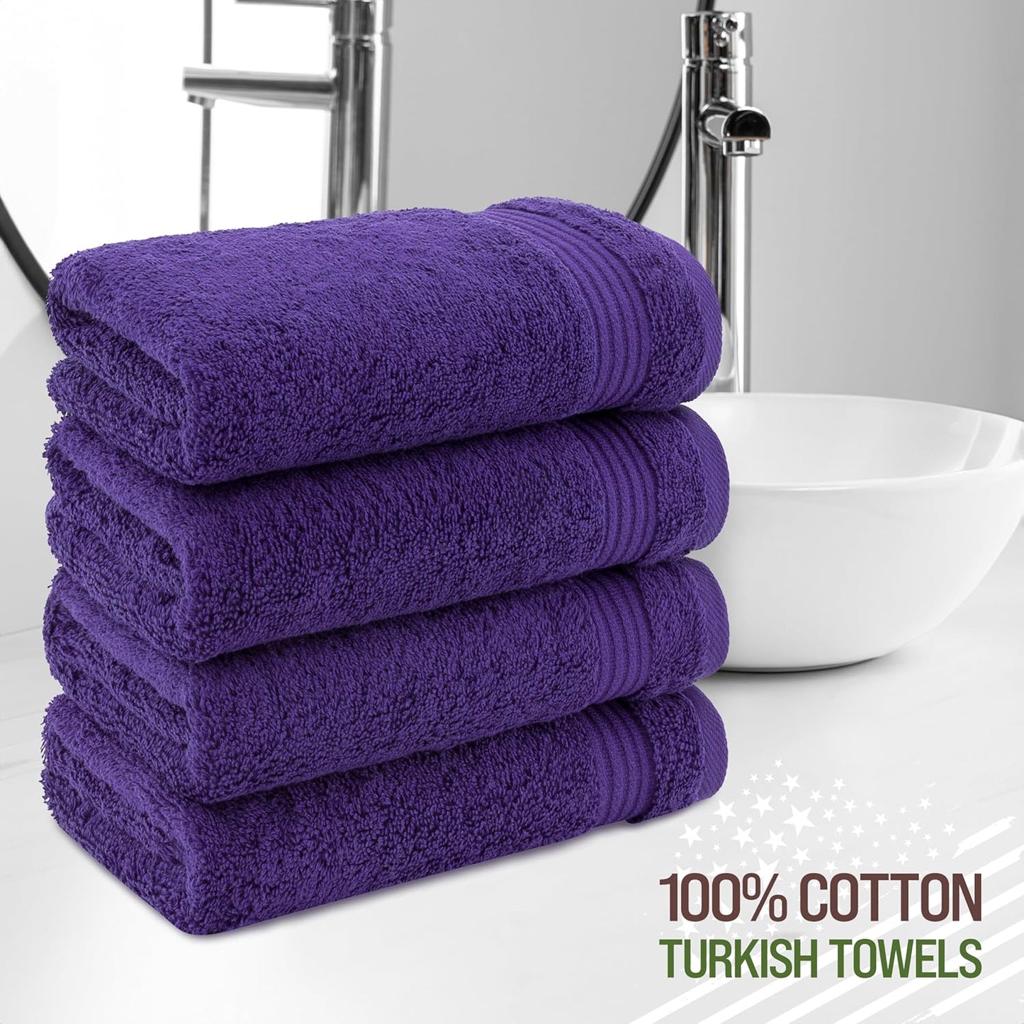 American Veteran Towel, Hand Towels for Bathroom Set of 4, 100% Cotton Turkish Hand Towel Sets, Soft Hand Face Towels, Purple Hand Towels