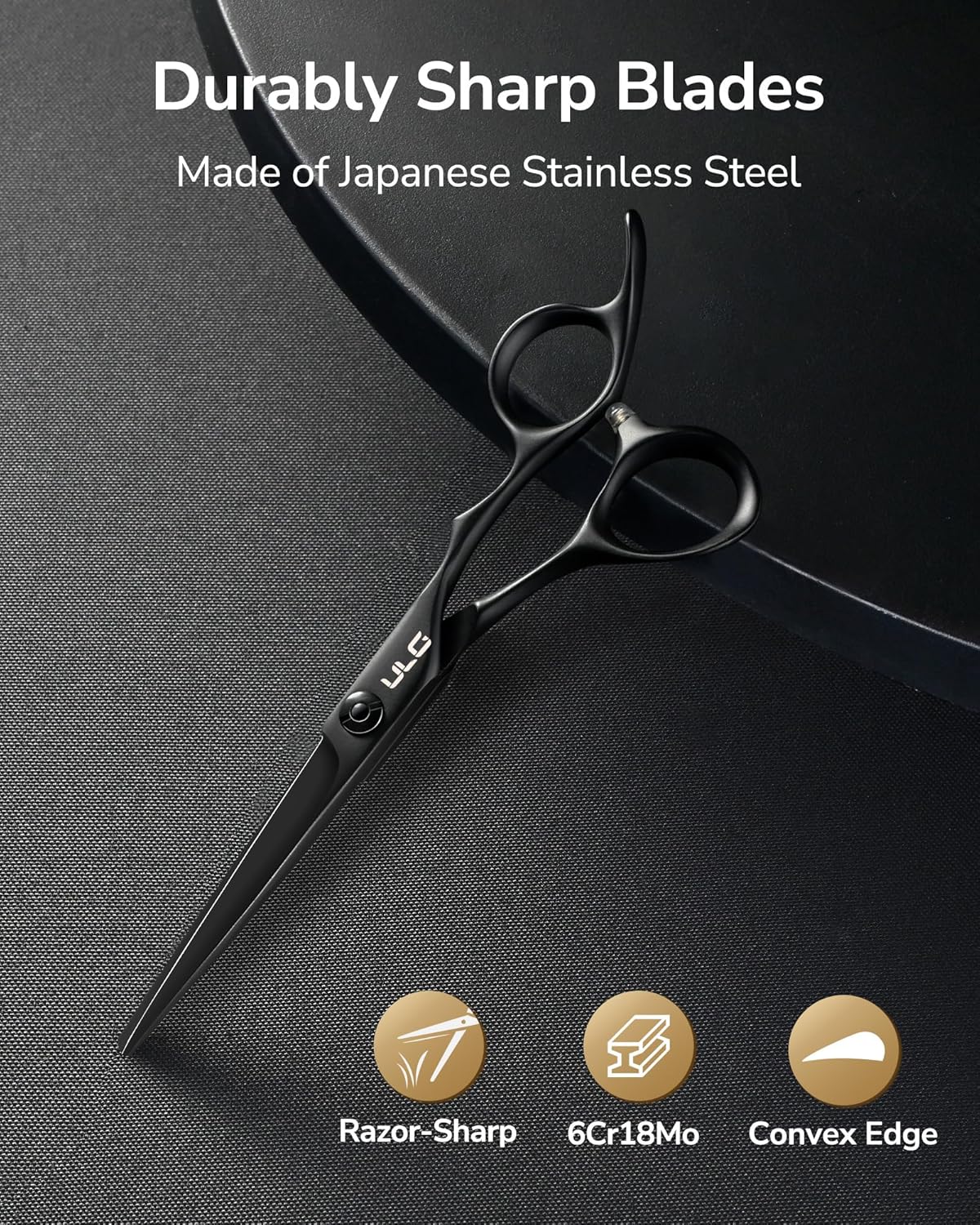 ULG Hair Cutting Scissors, Ultra Sharp Stainless Steel Blades, Matte Black Teflon Coated, Comfortable Offset Handle, Easy-to-Use Shears for Trimming, Shaping, At Home Haircuts Like a Pro, 7-Inch