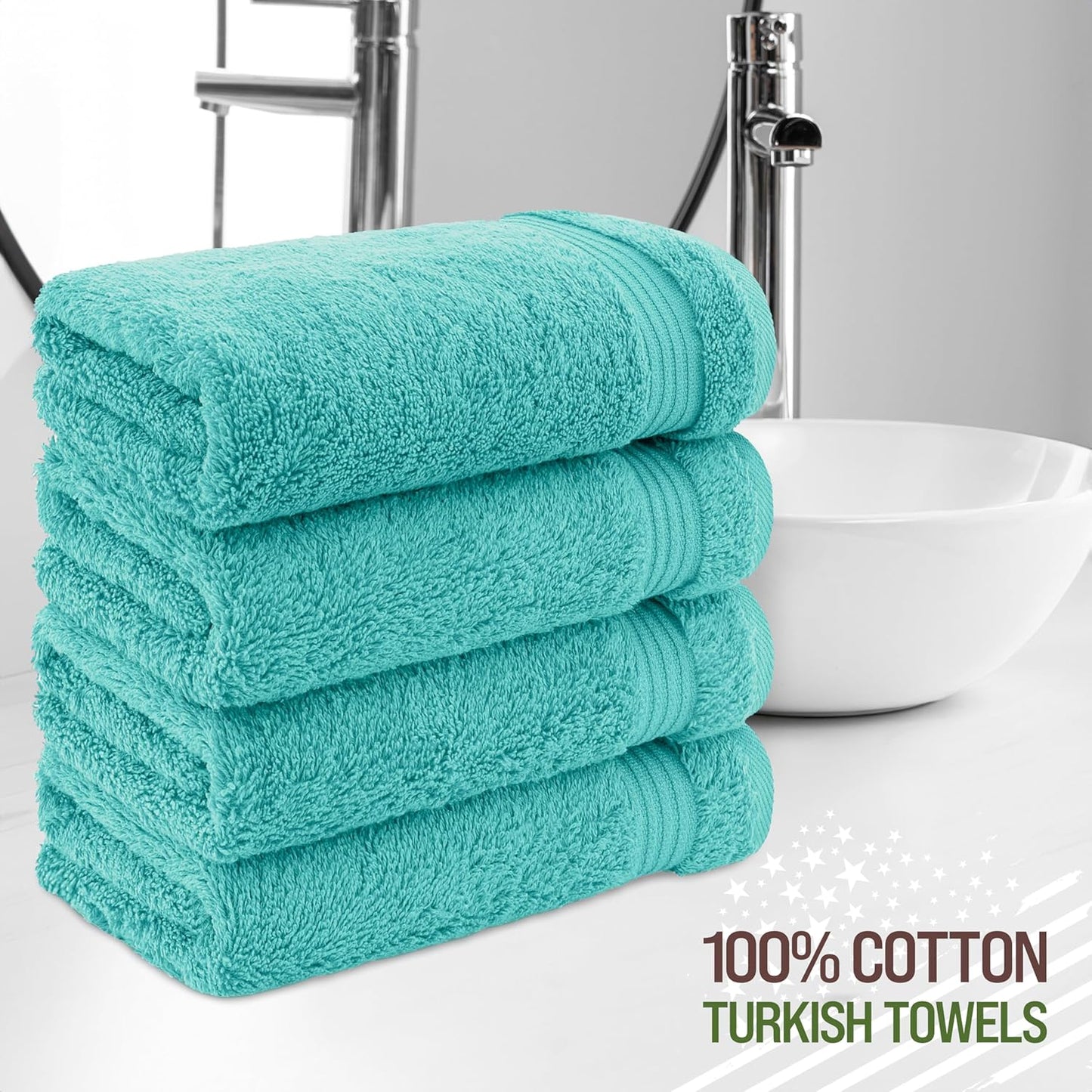 American Veteran Towel, Hand Towels for Bathroom Set of 4, 100% Cotton Turkish Hand Towel Sets, Soft Hand Face Towels, Turquoise Blue Hand Towels